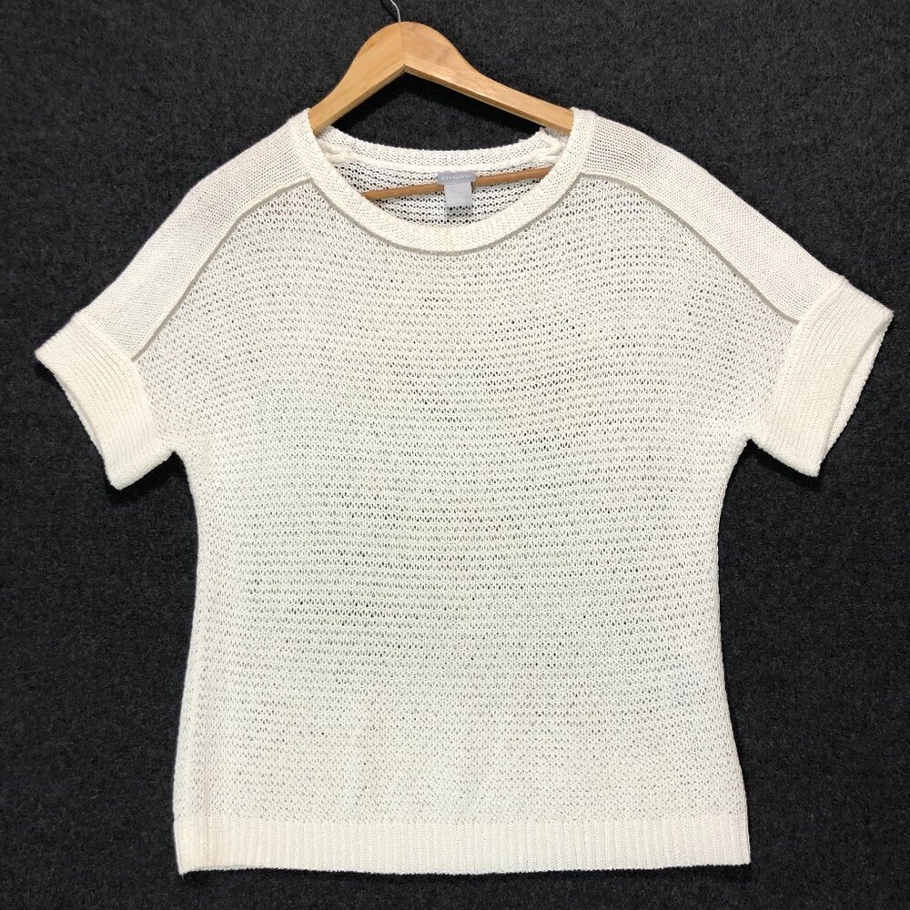 Chico's Women's Knit White Short Sleeve Sweater with Silver Bead Trim Size 0 (S)